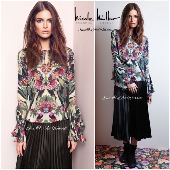 Artelier Nicole Miller Kaleidoscope Camo Print Blouse Silk Bell Sleeves Rtl $275 - Picture 1 of 13